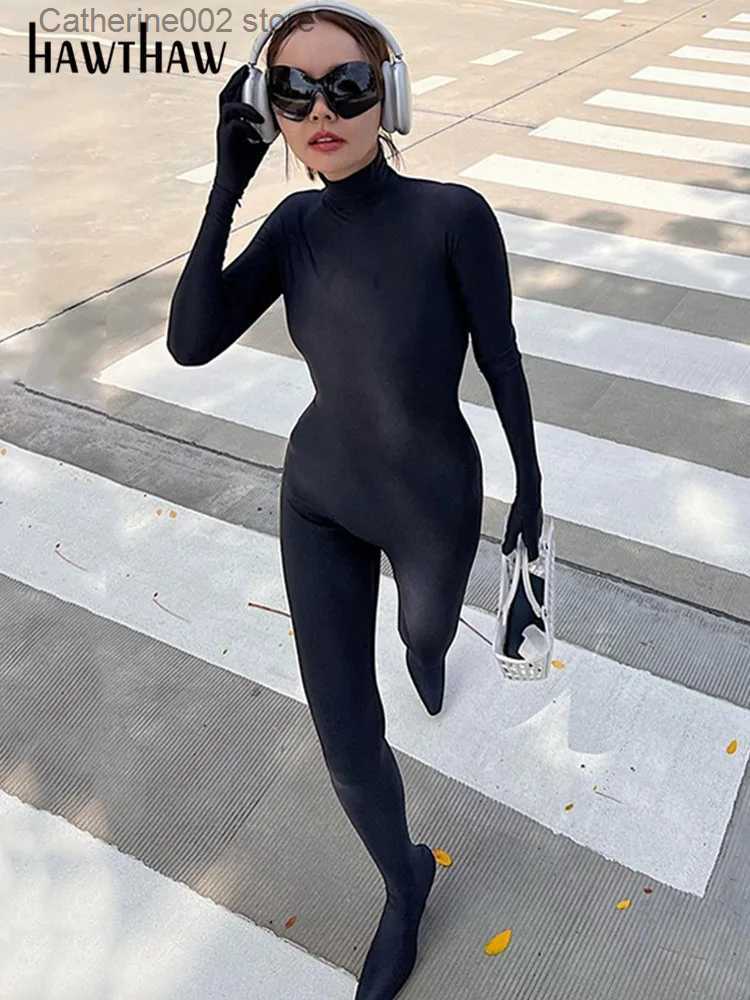 Women's Jumpsuits Rompers Hawthaw Women Long Sleeve Bodycon Streetwear Black Jumpsuit Overalls One Piece Outfit 2022 Autumn Wholesale Items-image-914248452