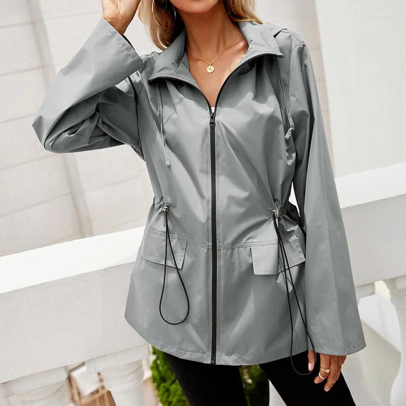 Women's Trench Coats Autumn/Winter Hoodie Waist Rain Jacket Zip Raincoat Outdoor Mountain Clothing Womens Clothes Designer-image-914252863