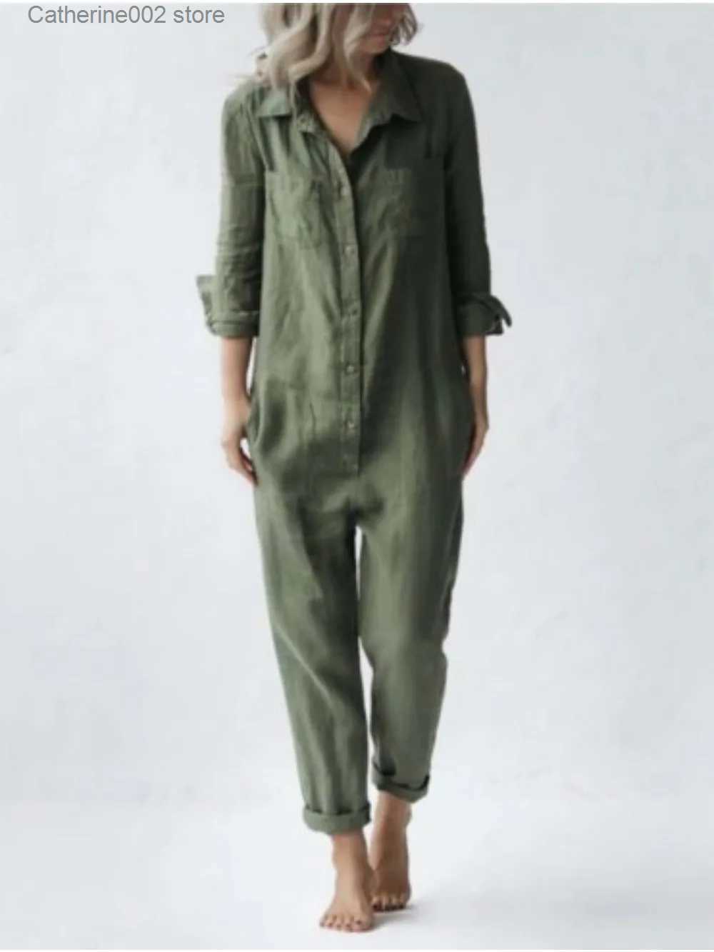 Women's Jumpsuits Rompers Cotton Jumpsuit Sexy Vintage Romper Long Pants Women Slim Bodycon Jumpsuits Long Sleeve Army Green Solid Casual Ca-image-914231850