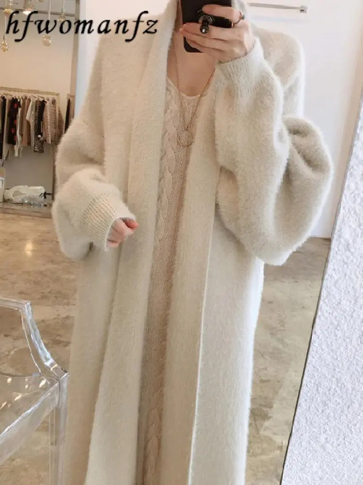 Women's Sweaters Korean Solid Long Woman Cashmere Cardigan Coat Sweet Fluffy Sleeve Sweater Winter Warm Loose Female Midi Knitted Clothing 2310