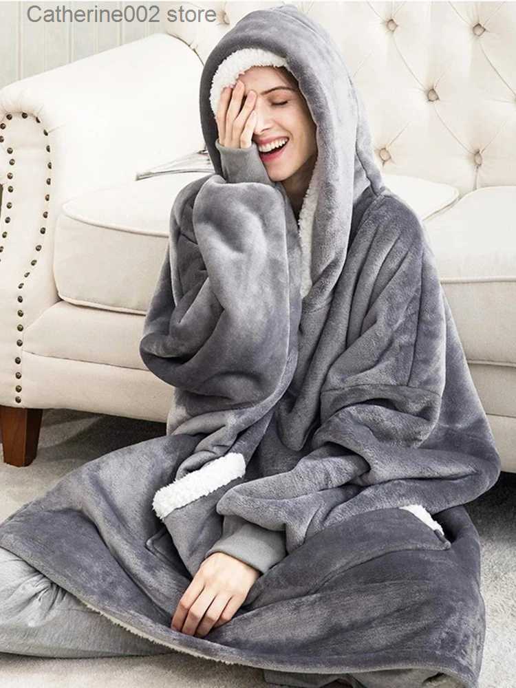 Women's Sleep Lounge Oversized Blanket Hoodie Women Winter Hooded Wearable Family TV Blanket With Sleeves Sherpa Fleece Sweat Plaid Hoody Sw-image-914682193