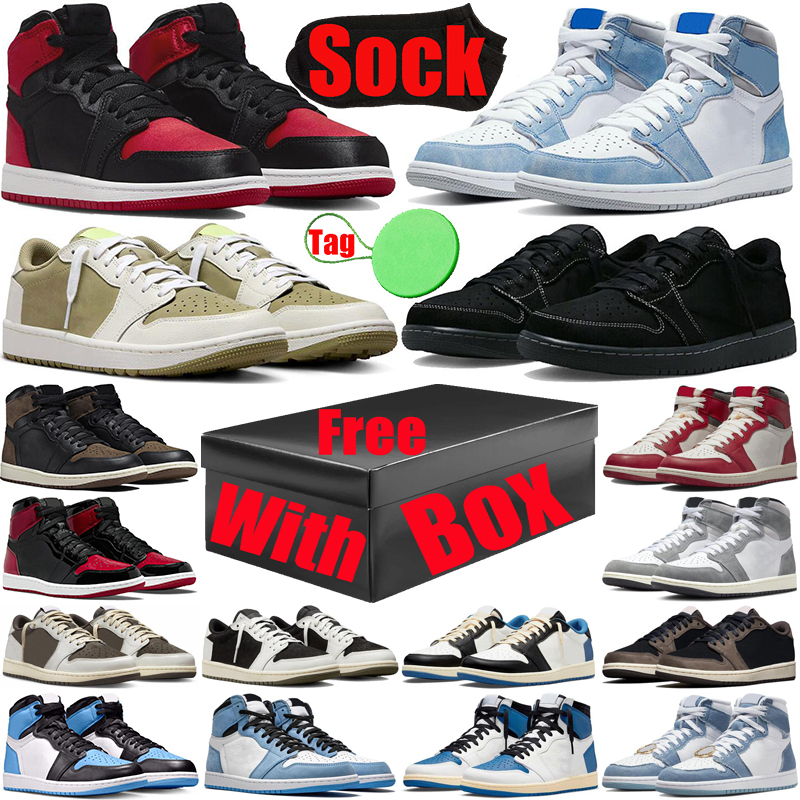 With Box Olive 1 1s basketball shoes for mens womens Satin Bred travis UNC lows Black Phantom Reverse Mocha Palomino low Hyper Royal Patent scott