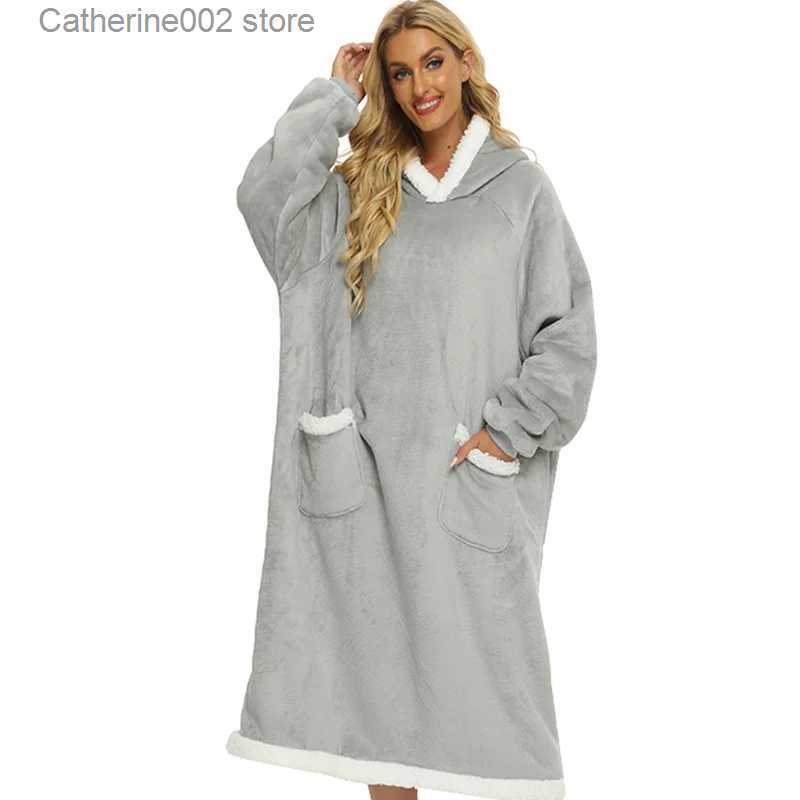 Women's Sleep Lounge Winter Oversized Hoodies Women Warm TV Blanket with Sleeves Pocket Flannel Plush Thick Sherpa Giant Hoody Long Sweatshi-image-914681666
