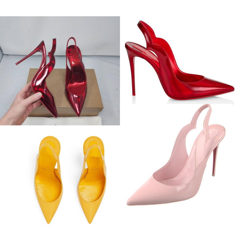 Escarpins femmes talons hauts rouges brevets en cuir bout pointu Hot Chick Sling Patent Slingback Pumps Sling Back Lady chaussures de mariage noi