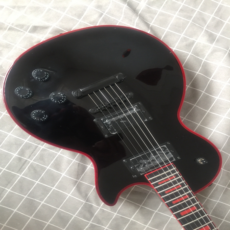 Free shipping! Hot selling high quality LP 6 string black electric guitar with red binding