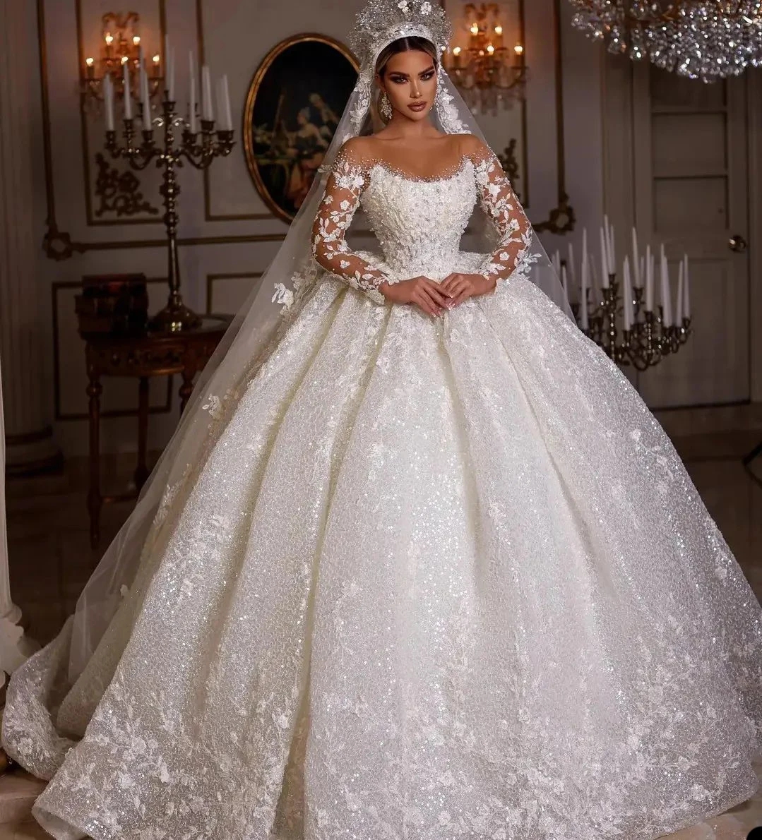 2024 Luxe Dentelle Dubaï Robes De Mariée Manches Longues Paillettes Perles Col Transparent Appliques Paillettes Tulle Robes De Mariée Robe de Noi