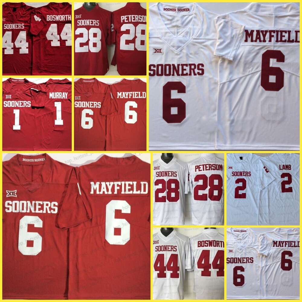Oklahoma Sooners 44 Brian Bosworth Red College Football Jersey 1 Kyler Murray 6 Baker Mayfield 7 Spencer Rattler 28 Adrian Peterson Red White Foo-image-915060420