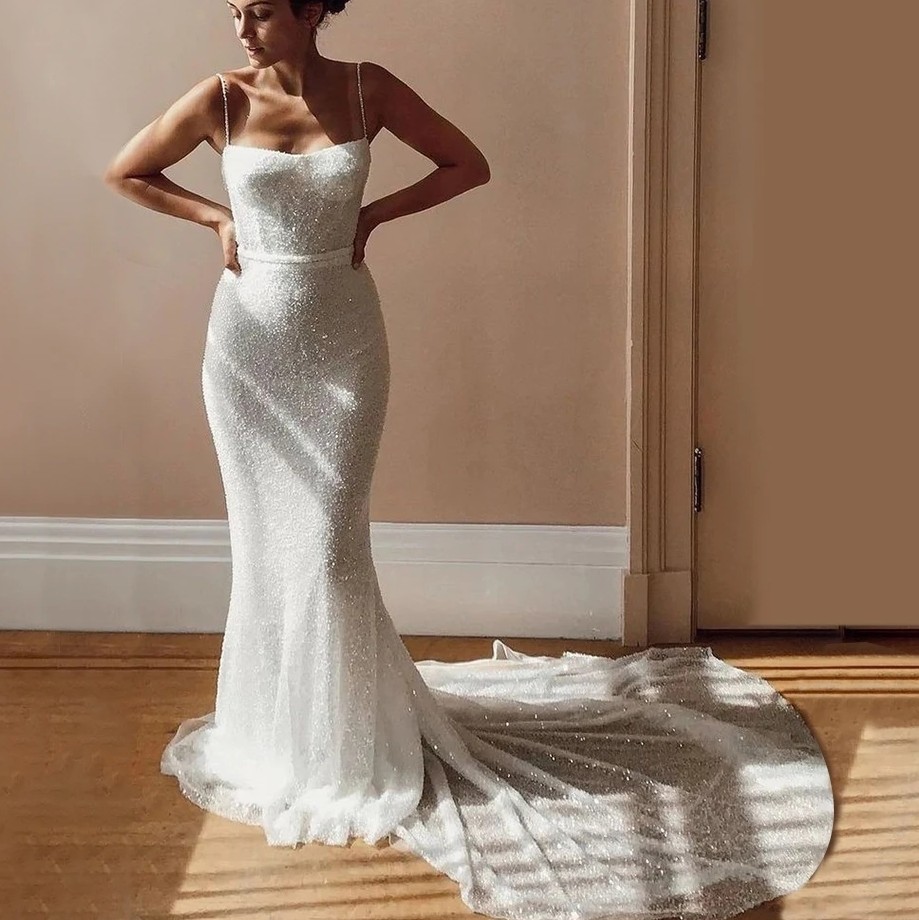Paillettes sirène bretelles spaghetti paillettes robe de mariée 2024 dos ouvert perles chérie robe de mariée brillant tribunal train dos ouvert r