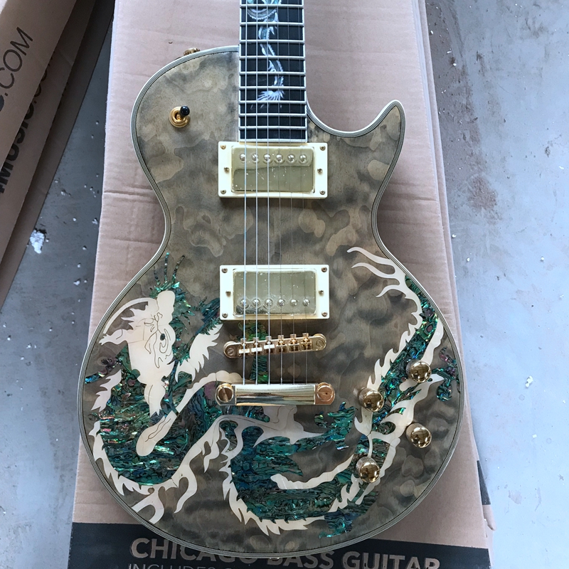 Nouvelle guitare électrique LP noire transparente à 6 cordes, personnalisée, dragon incrusté, livraison gratuite