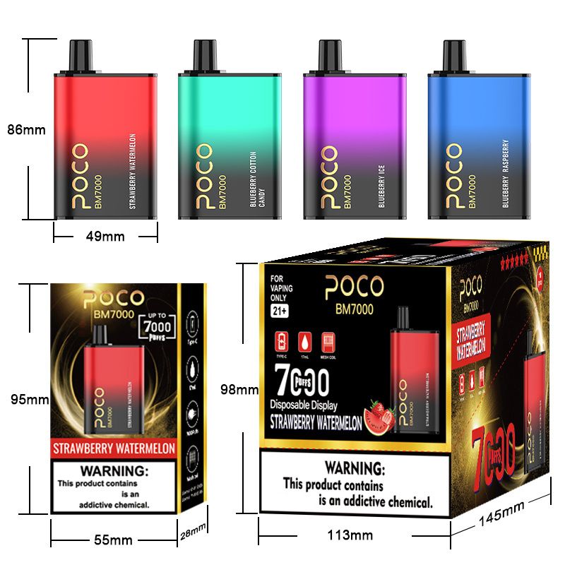 Original 7000 Puffs Electronic Cigarette Poco BM7000 Disposable Vape Pen Rechargeable Mesh Coil 17ML 10 Flavors Device NO TAX