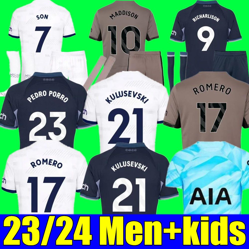 New SON Tottenham 23 24 Soccer Jerseys KULUSEVSKI RICHARLISON PERISIC PEDRO PORRO 2023 2024 DANJUMA ROMERO goalkeeper Football kit shirt SPURS Me-image-915023079