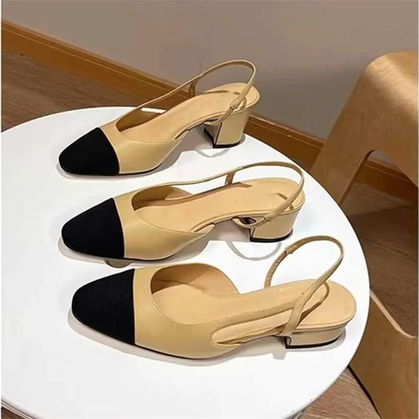 Summer Beach Sandals Designer Shoes Casual Fashion Leather Shoes Black Beige Belt Buckle Girls Thick Heel Heels Baotou Lady Flat Work Women Dress-image-915381990