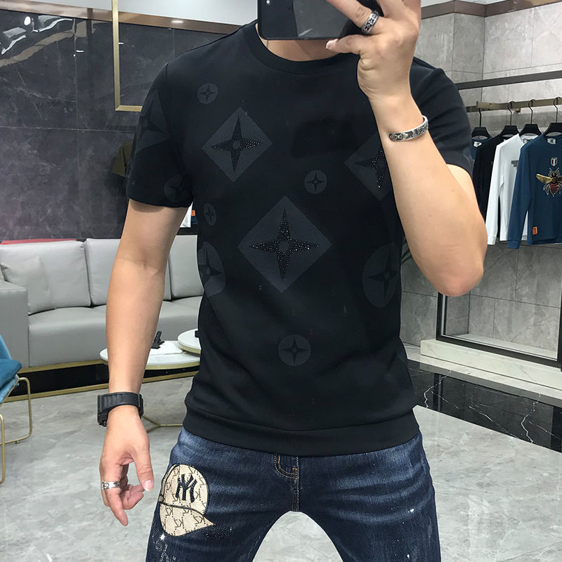 summer Men's T-shirts Printed Mercerized Cotton Rhinestone Casual streetwear Male Slim personal pink Tees Designer Round Collar Pluze size S-image-915348473