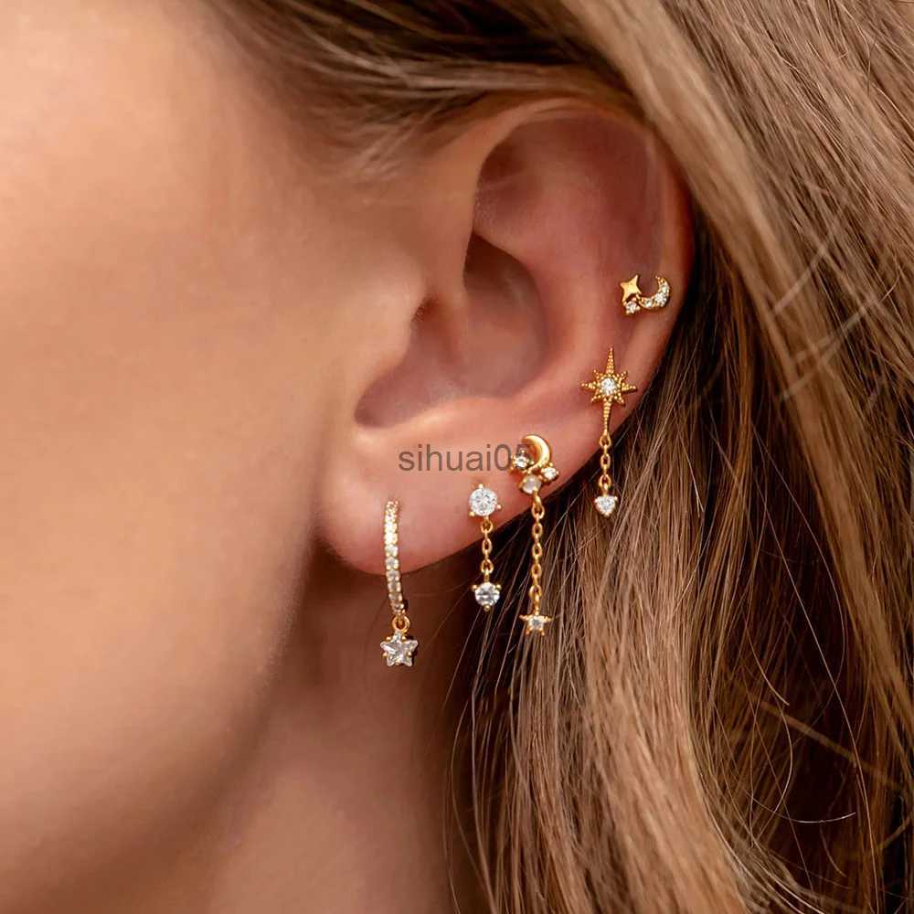 Stud Star Flat Helix Ear Lobe Cartilage Piercing Earring Set for Women Tragus Rook Moon Pendant Chain Earing Chic New Jewelry YQ231026-image-915566755