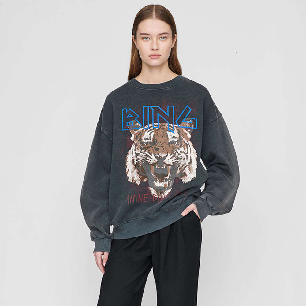 Women Vintage Washed Sweatshirts Cotton Designer Tiger Head Print Stir Fry Snow Flower Sweater-image-915704178