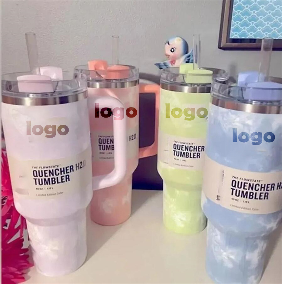 40oz Stainless Steel Tumblers Cups With Handle Lids and Straw Tie dye Travel Car Mugs Keep Drink Warm Cold Insulation Water Bottles with 1:1 Logo-image-456196925