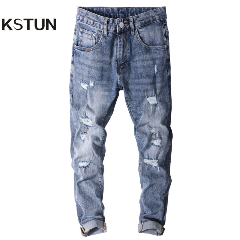 Pantalones vaqueros rasgados para hombre, ajustados, ajustados, azul claro, elásticos, estilo Hip Hop, desgastados, vaqueros Punk parcheados