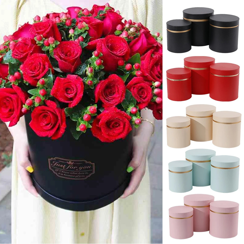 Gift Wrap 3Pcs Set Round Flower Box Portable Floral Boxes Hug Bucket Storage Wedding Rose Party Gift Packaging Valentine's Day Decorations 231026