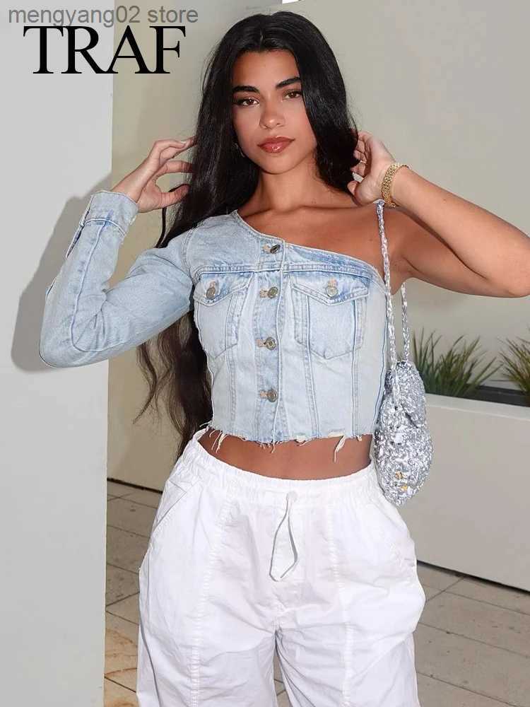 Women's T-Shirt TRAF 2023 Women's Asymmetrical Tops Denim One Shoulder Long Sleeve Pockets Single-Breasted Female New Fashion Summer Cr-image-916787485