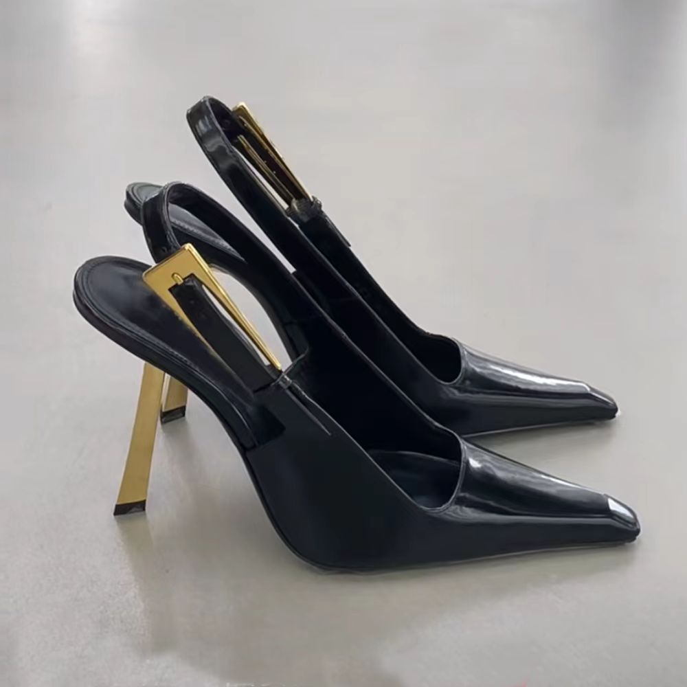 black patent Leather square pointed toe Slingback Pumps shoes stiletto Heels sandals10.5cm women&#039;s Luxury Designer Dress buckle Evening shoe-image-915911523