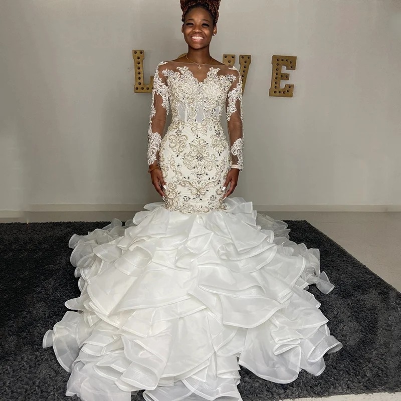 Robe de mariée sirène africaine 2024 perles de luxe paillettes dentelle volants organza robes de mariée robe de mariée robes de novia sur mesure