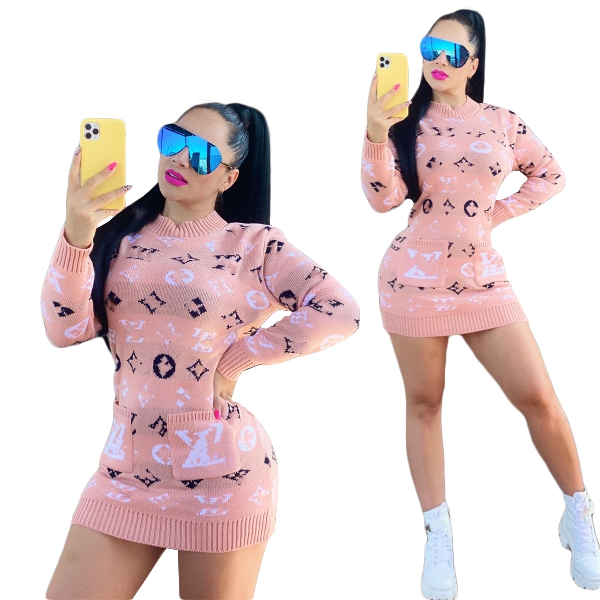 2025 Pluls en laine Femmes Fashion Treater Pull à manches longues Robes de cavalier GRATUIT