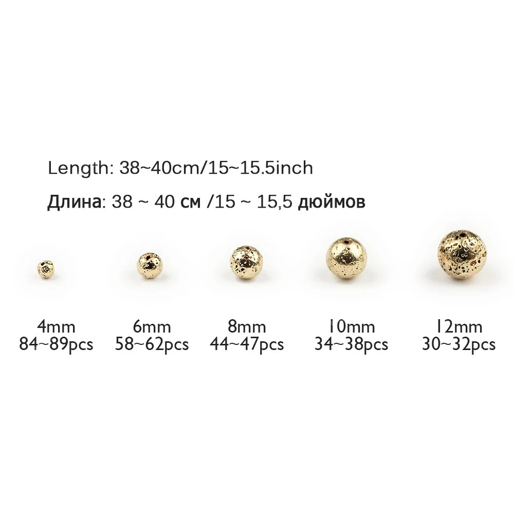 Perles en pierre naturelle 14 perles en pierre de lave de couleur or, boule ronde de 4 6 8 10 12mm pour la fabrication d'accessoires de bijoux, d