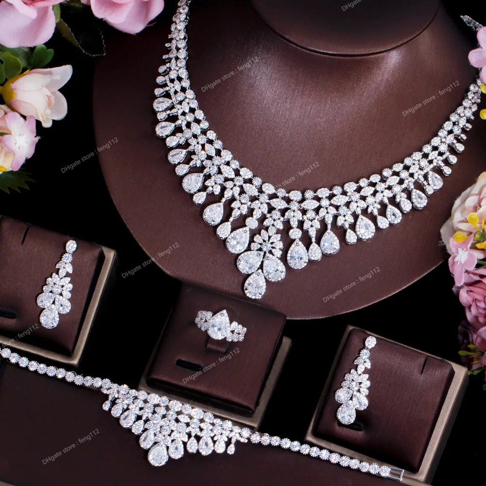 Super Luxury Tassel Water Drop CZ Big Wedding Bridal Necklace Earring 4 pcs Nigerian Dubai Jewelry Set for Women T596 Fashion JewelryJewelry Sets