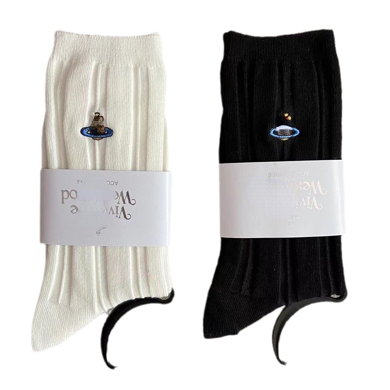 Saturn Embroidery Socks Cotton Strip Black and White Solid Color Simple Versatile Basic Women's Socking-image-916575920