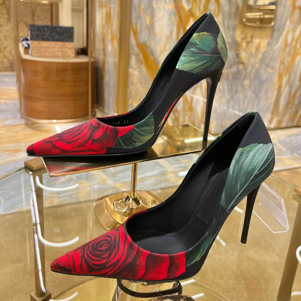 Designer Women High Heel Shoes Retro Rose Printed Red Dress shoes 10cm Stiletto Heel Black Pointed Toes Satin Woman Pumps Fashion party Evening s-image-909148030