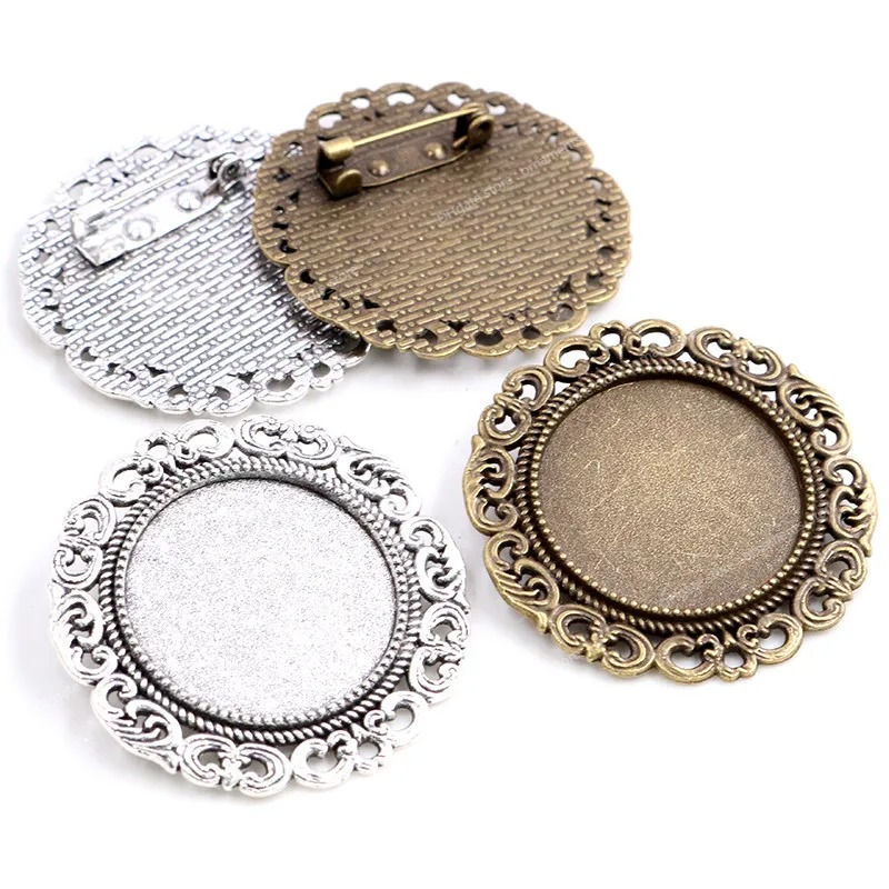 New Fashion 5pcs 25mm Inner Size Antique Silver Plated Bronze Colors Brooch Baroque Style Cabochon Base Setting Jewelry MakingJewelry Findings Co