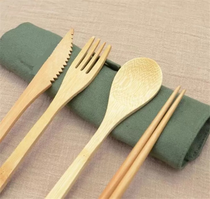 Wooden Dinnerware Set Bamboo Teaspoon Fork Soup Knife Catering Cutlery Sets with Cloth Bag Kitchen Cooking Tools Utensil FY3896 GC1014X