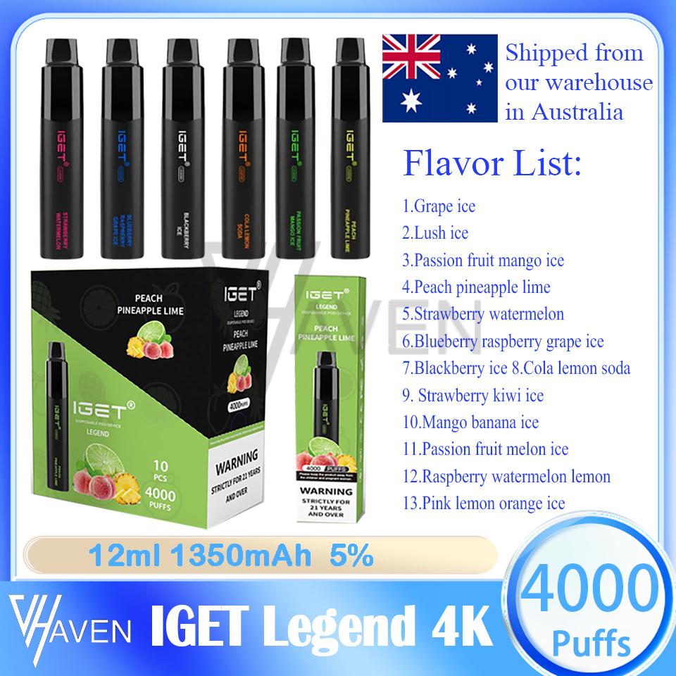 Authentic IGET LEGEND 4000 Puff Disposable vape E Cigarettes Pod Device Kit Powerful 1500mAh Battery 14ml Prefilled Cartridge Vape Pen adjustable 5% Level Puff 4K 