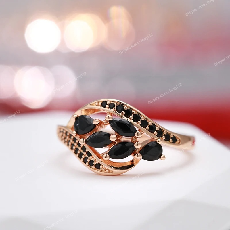 New 585 Rose Golden Women's Ring With Water Drop Black Natural Zircon Elegant Party Wedding Jewelry Luxury Design Fashion JewelryRings Jewelry
