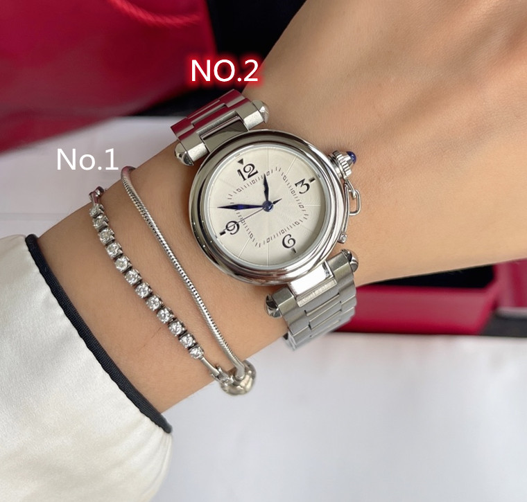 

35mm Fashion Stainless steel Pasha Watch Sapphire Clock Square Inlay Round Dial WrsitWatch Full Diamond Lock Bracelet, Silver