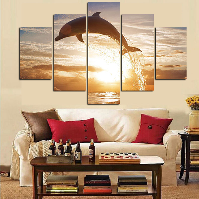 

5Panel Seascape Oil Painting Playful Dolphin Sunset Animal Print on Canvas Poster Modular Painting Wall Picture for Living Room