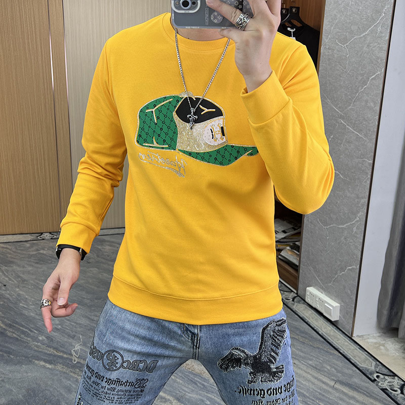 

Round Collar Men's Pullover New Hoodies Personalized Hat Hot Diamond Print Sweatshirts Fashionable Top Youth Bottoming Shirt Clothing, White