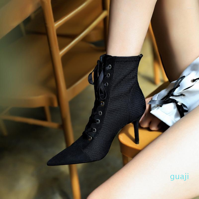 

Boots Woman Cross-tied Autumn Flock Pointed High Heels Ankle Women's Black Fashion Zipper Office Lady Street Footwear
