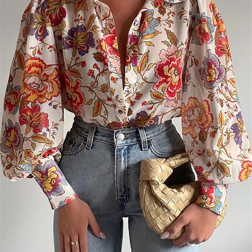 

Women' Blouses Shirts Print Long Puff Sleeve Shirt Elegant Vneck Floral Office Women Spring Summer Fashion Ladies Tops 220901, A green 1