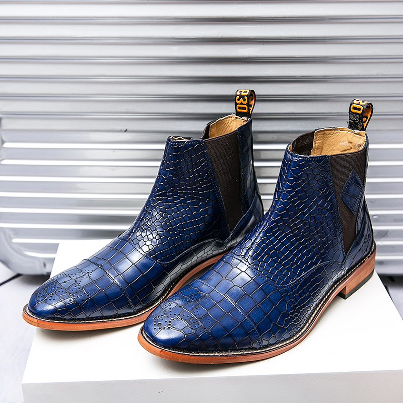 Bottes Chelsea britanniques pour hommes, chaussures à motif Crocodile, couleur unie, couture PU, Brogue gravé, à enfiler, mode décontractée, quot