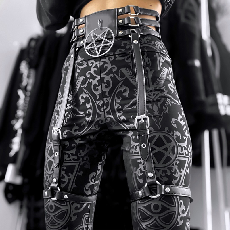 

Bustiers & Corsets Dark personality leather adjustable Pentagram Star belt leggings, Black