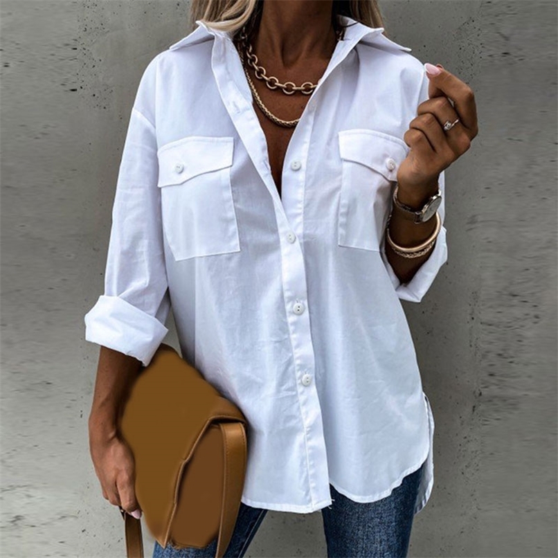 

Women' Blouses Shirts Women Spring White Black Loose Oversized Lady Long Sleeve Shirt Two Pockets Plus Size Top Casual Turndown Collar 220901