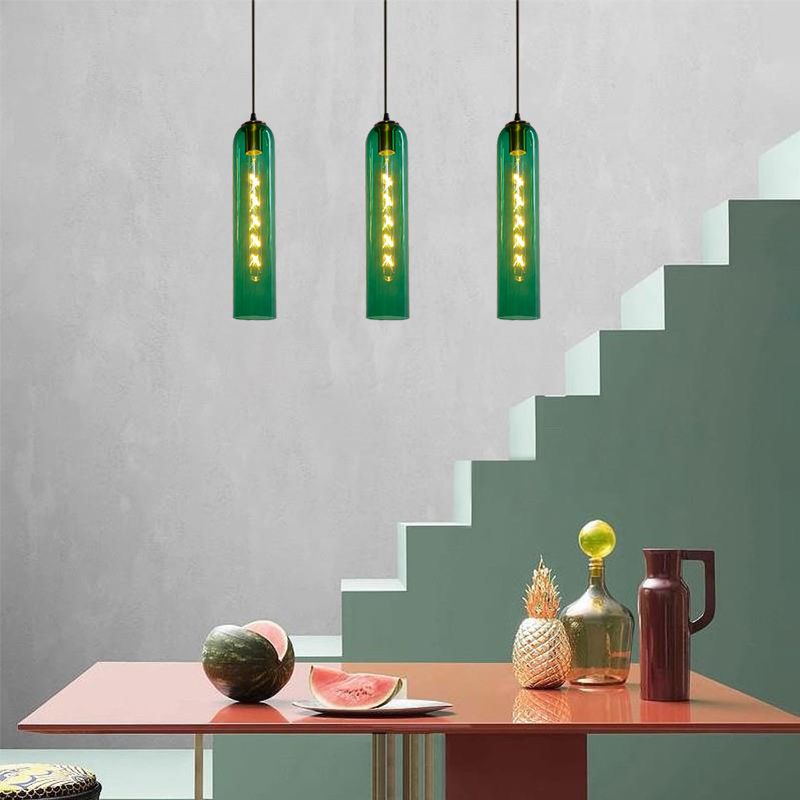 

Nordic bedroom pendant lamps Green White Amber Glass Tube Pendant Lamp Modern restaurant Suspension Hanging Light Decor