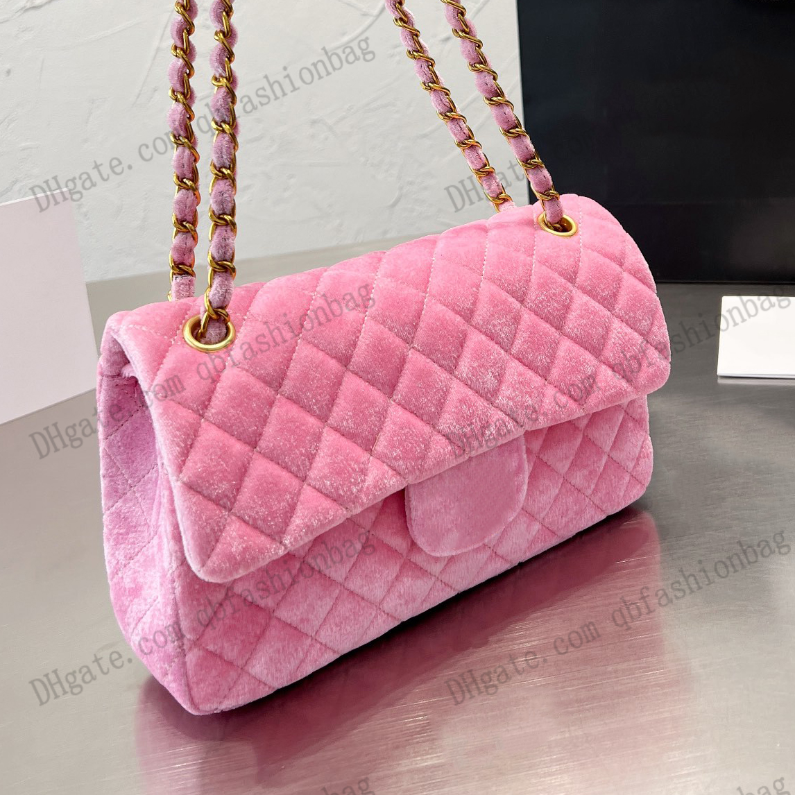 

French Fall Winter Velvet Double Flap Bag Womens Classic Quilted Plaid Gold Hardware Chain Shoulder Crossbody Purse Luxury Designer Multi Pocket Handbags 26x15CM, Box