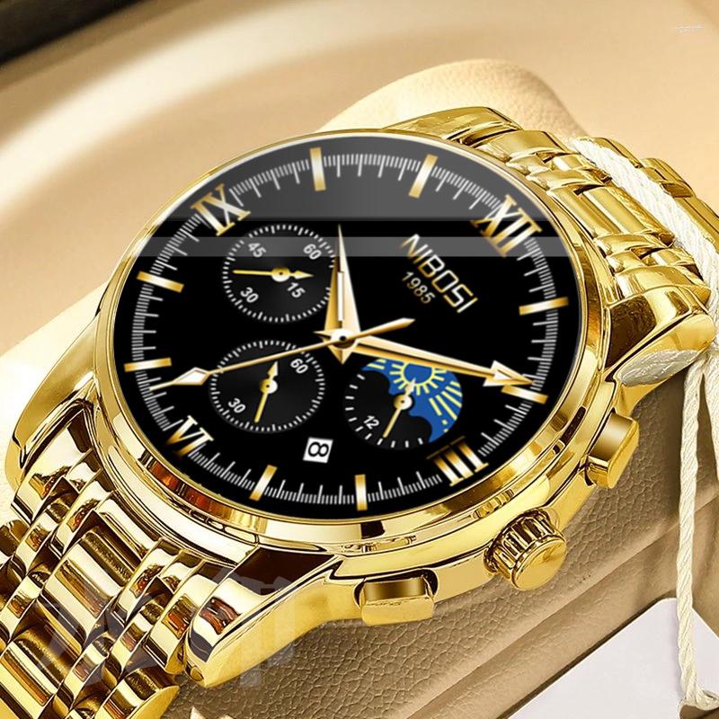

Wristwatches NIBOSI Mens Watches Top Fashion Chronograph Sport Waterproof Steel Quartz Clock Moon Phases Relogio Masculino 2515, Leather black gold
