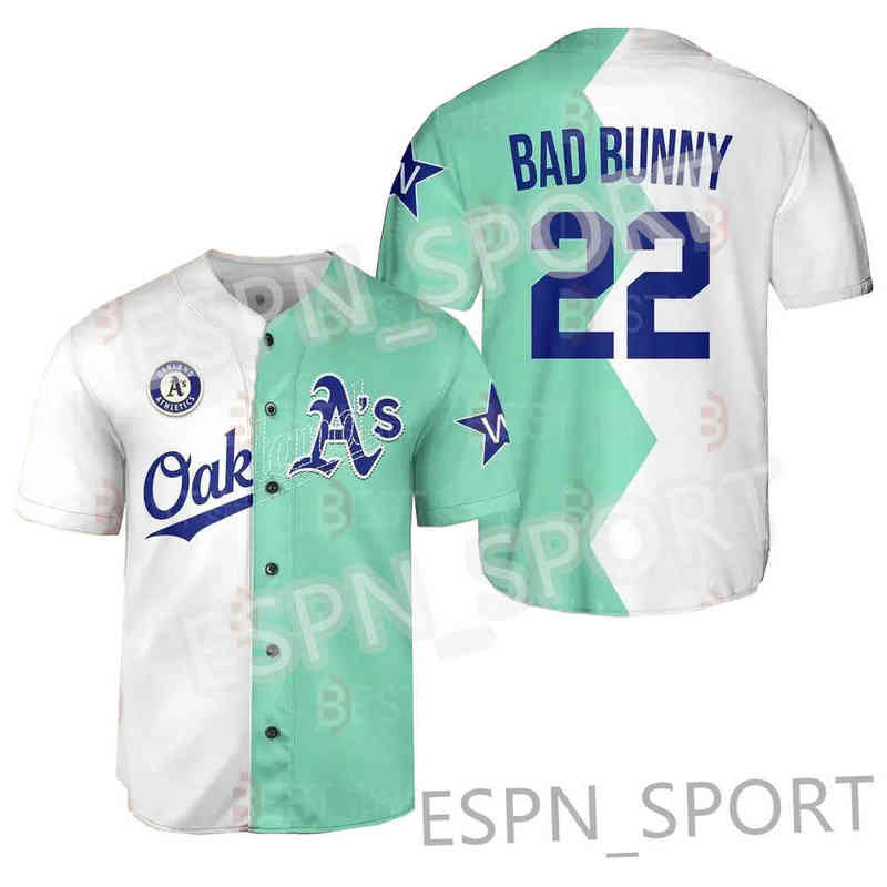 

College Baseball Wears Baseball Jerseys 22 Bad Bunny 2022 All Stars Split Jersey Athletics Baseball Jerseys Oakland Men Women Youth, Custom your name number