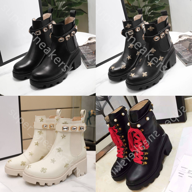 

New Luxury Women Ankle Boots Designer Shoes Thick-soled Desert Martin Boot Embroidery Star Trail Square Diamond Buckle Leather Shoe With Box 35-41, 17