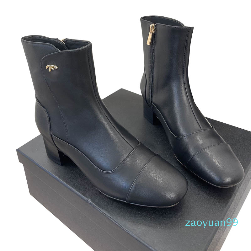Womens Chunky Low Heel Ankle Boots With Zipper Lambskin Chelsea Designer Luxury Square Toes Western Cowboy