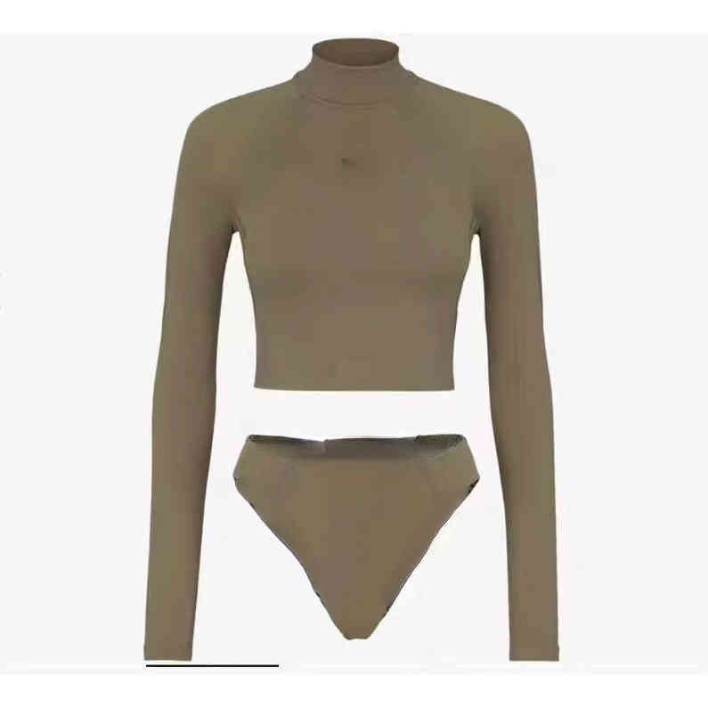 Marque femmes maillots de bain maison printemps/été nouveau col montant couleur unie haut à manches longues avec slips ensemble de maillot de bai