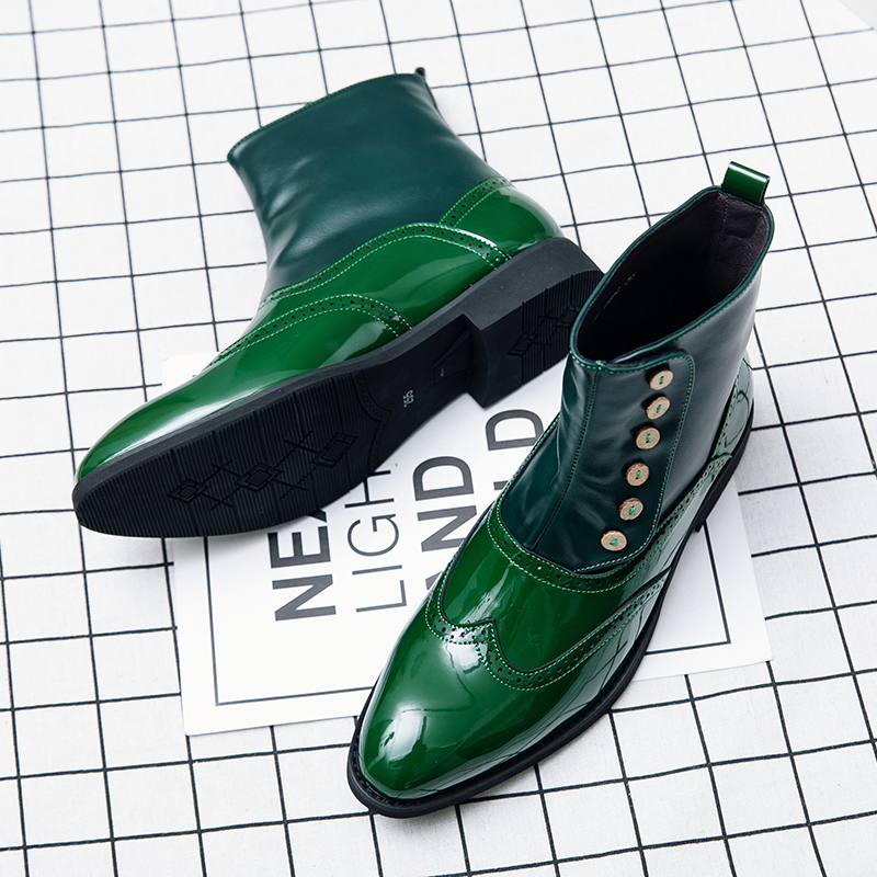 British Ankle Boots Men Shoes Pointed Toe Solid Color PU Brogue Stitching Buttons Comfortable Fashion Business Casual Daily AD083